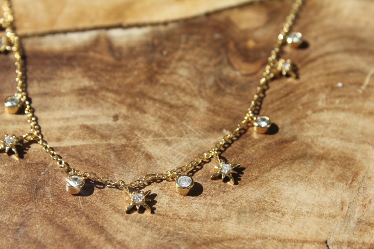 GOLD NECKLACE WITH DIAMOND STAR & MOON