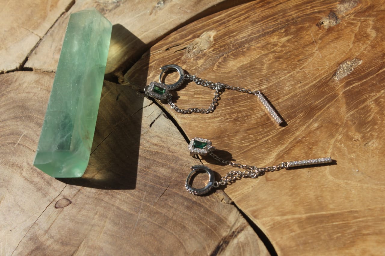 THREADER DROP GREEN STONE & CIRCLE EARRINGS